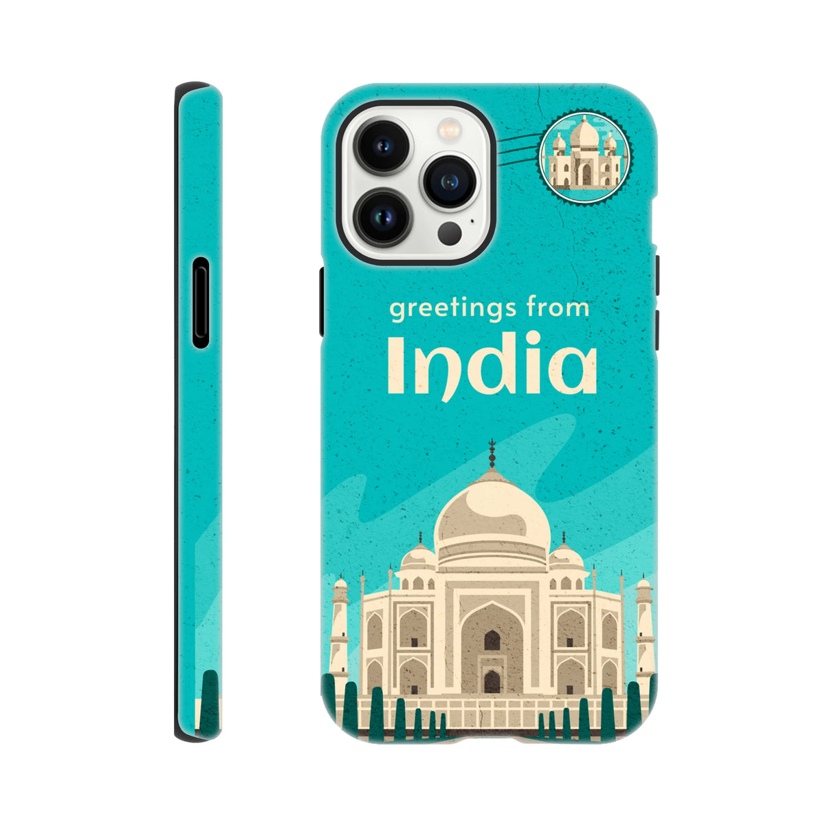 India Taj Mahal postcard tough iPhone case (13-16) with turquoise wraparound Taj Mahal artwork.