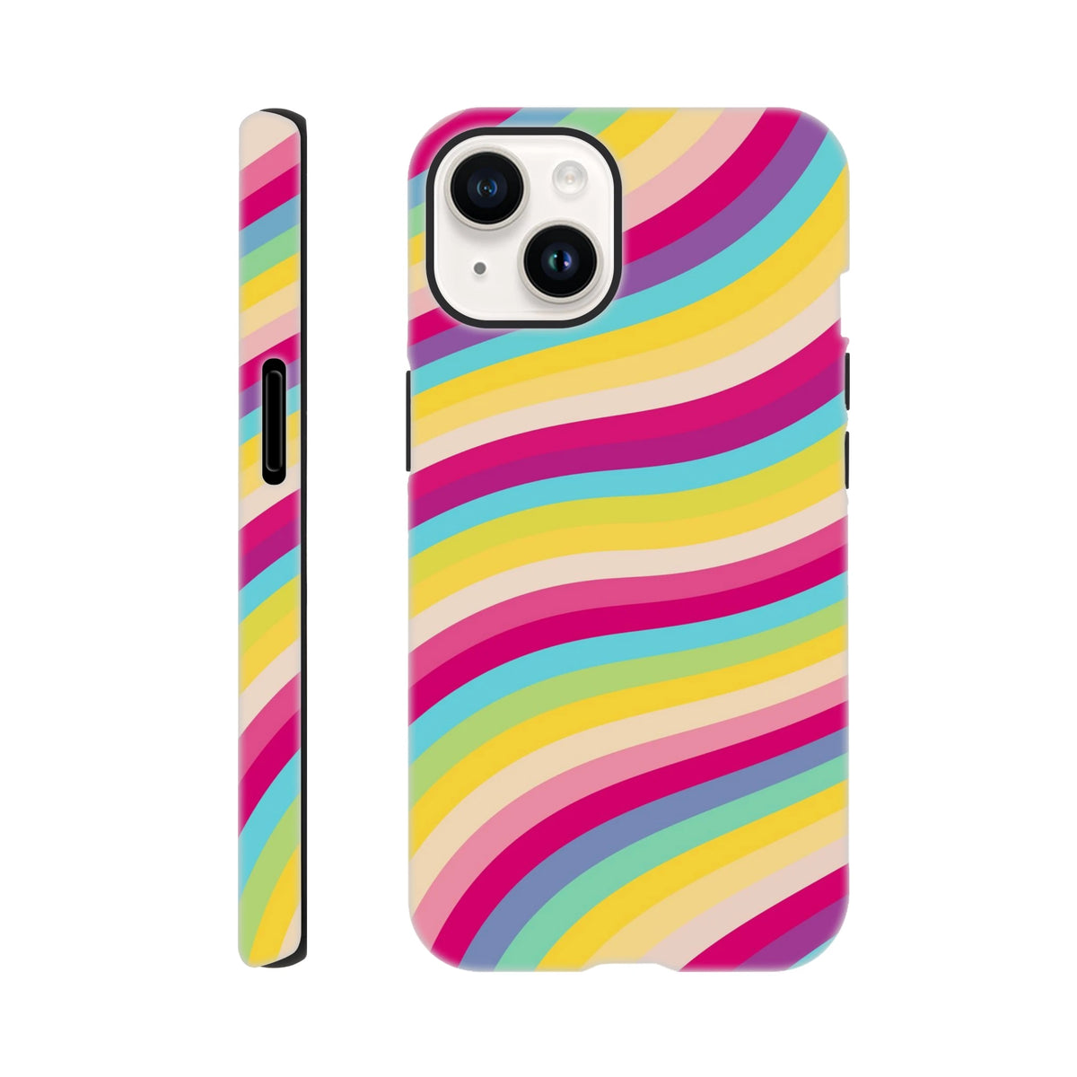 Rainbow wave retro stripe tough iPhone case featuring vibrant wavy lines and shock-absorbing TPU protection for daily durability.
