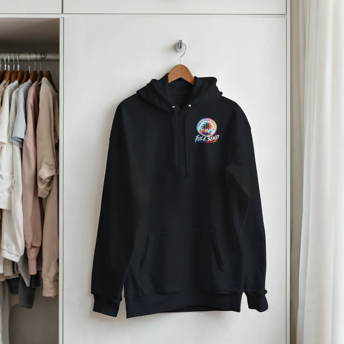 Black Full Send hoodie featuring a colorful palm tree graphic, front pouch pocket, and matching drawstrings for car culture enthusiasts.