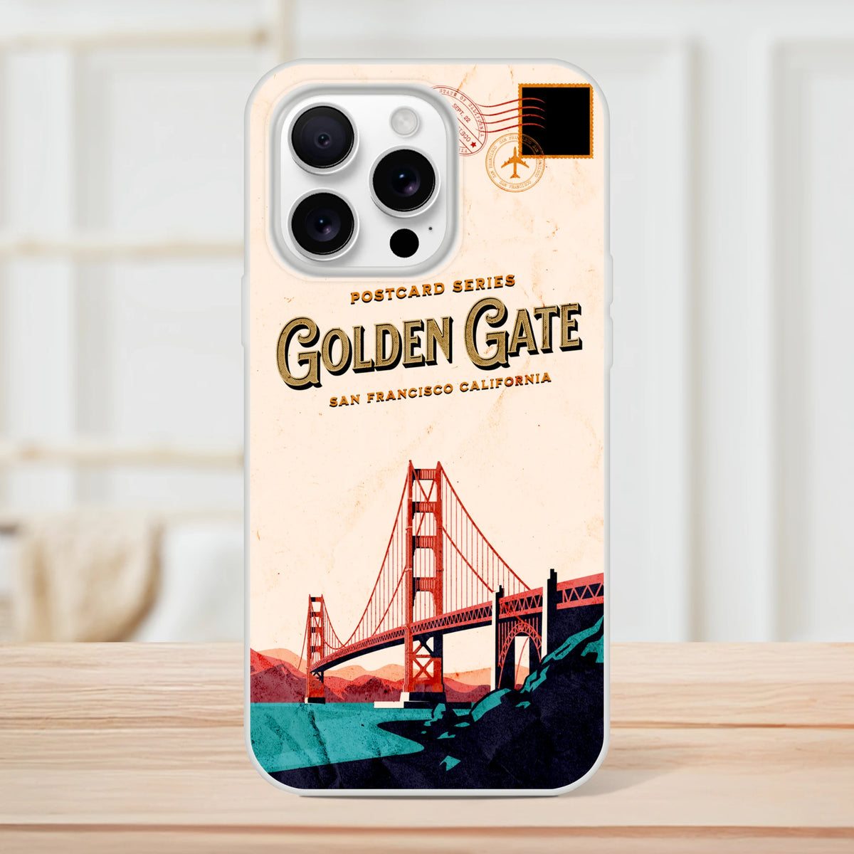 Vintage postcard-style iPhone case for 13–16 with Golden Gate Bridge design and USA holiday motif.