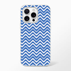 Blue wavy stripe iPhone case with retro geometric zigzag pattern. Matte TPU phone cover with shock-absorbing protection for models 13-16.