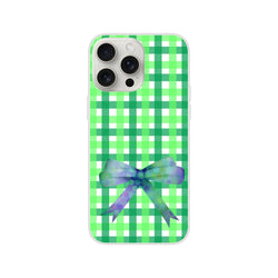 Green gingham bow iPhone case for iPhone 13-16, frosty transparent TPU with a printed bow, cute coquette aesthetic.