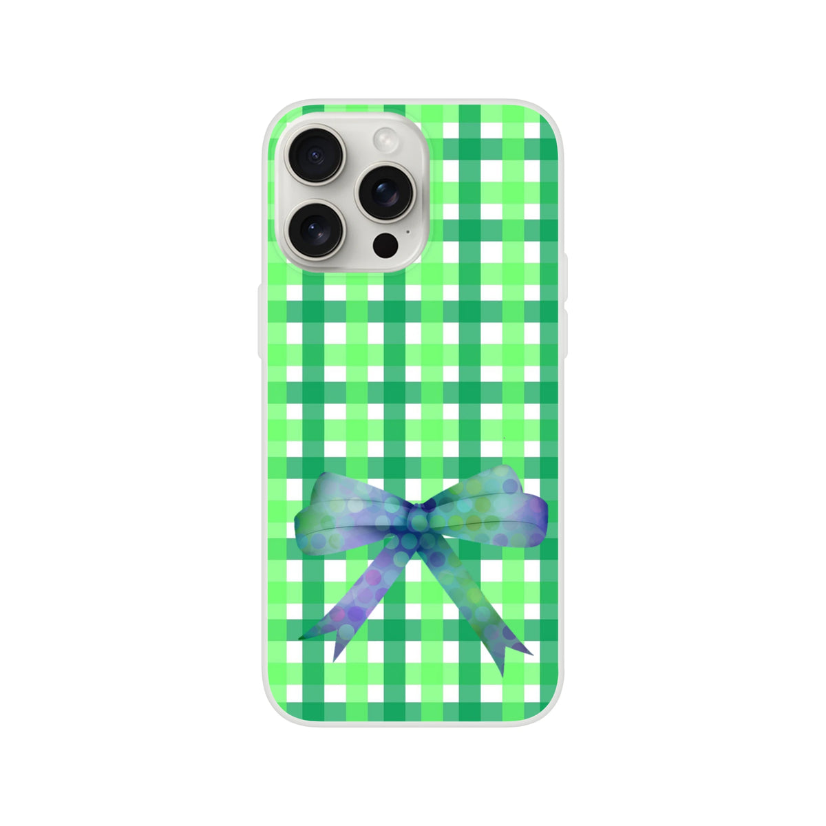 Green gingham bow iPhone case for iPhone 13-16, frosty transparent TPU with a printed bow, cute coquette aesthetic.