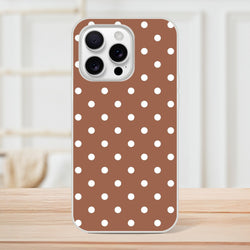 Retro brown and white polka dot iPhone case with matte finish and shock-absorbing TPU protection for models 13-16.
