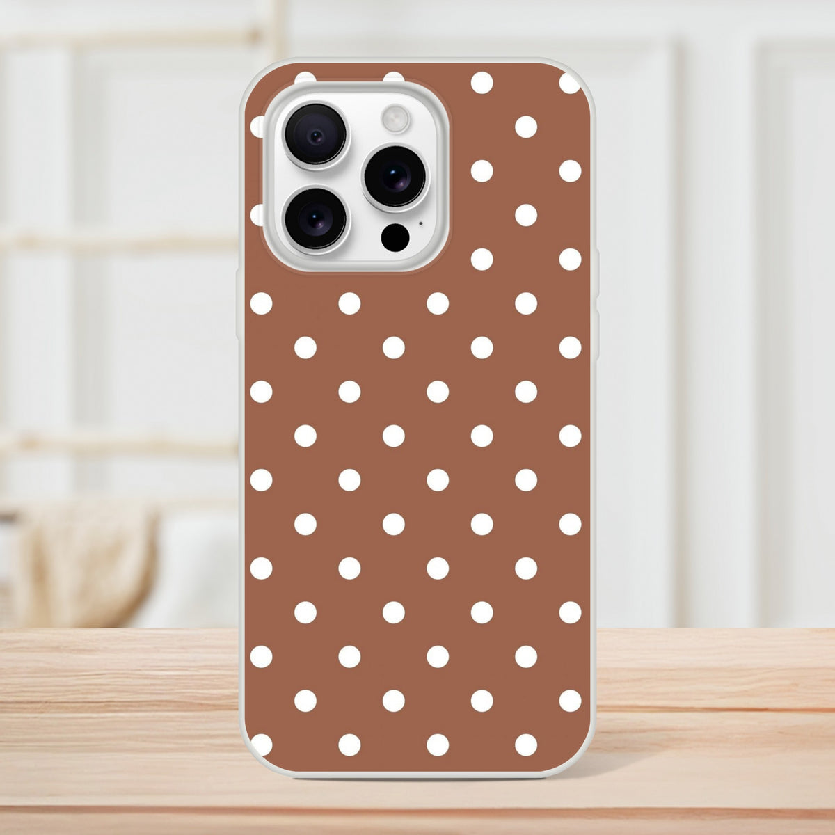 Retro brown and white polka dot iPhone case with matte finish and shock-absorbing TPU protection for models 13-16.