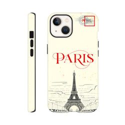 Vintage-style Eiffel Tower iPhone case with red Paris typography and travel stamp graphic for rugged protection.