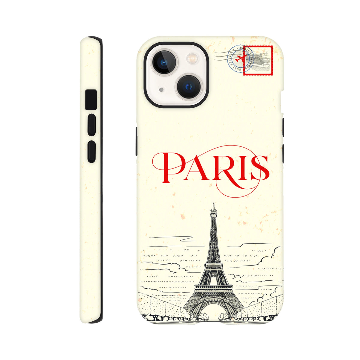 Vintage-style Eiffel Tower iPhone case with red Paris typography and travel stamp graphic for rugged protection.