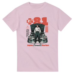 Retro JDM streetwear t-shirt featuring anime character in front of tuned car with +81 and Japan Domestic Market graphics.
