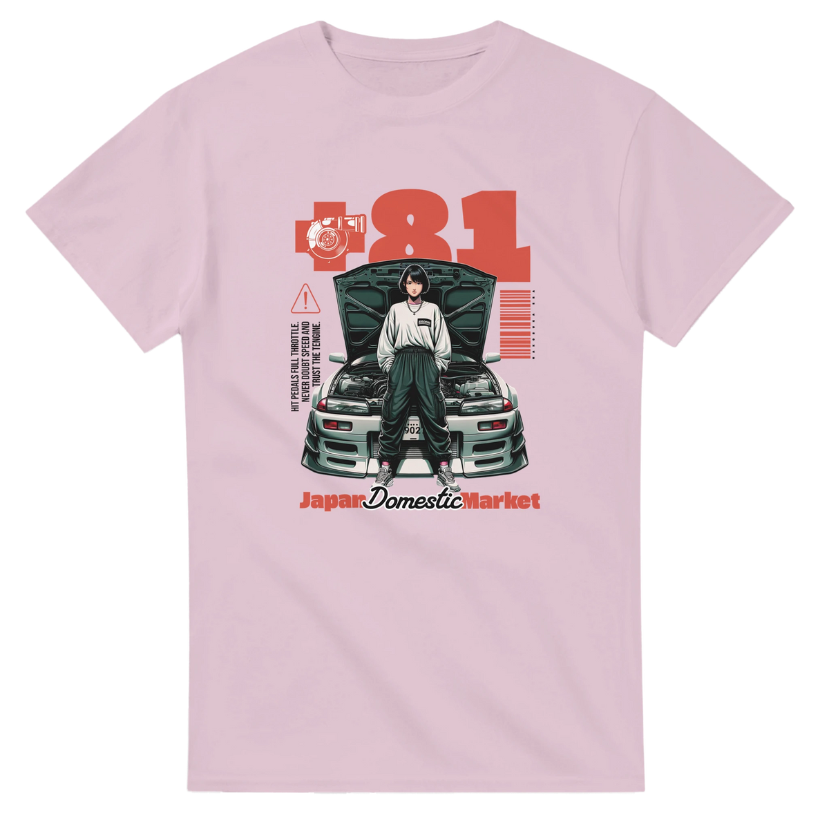 Retro JDM streetwear t-shirt featuring anime character in front of tuned car with +81 and Japan Domestic Market graphics.