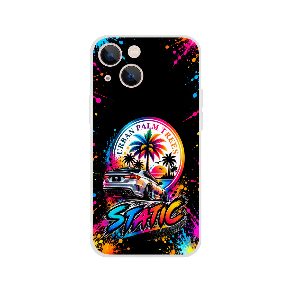 Static Slammed car culture iPhone case featuring a lowered silver sedan, colorful Urban Palm Trees sunset graphic, and vibrant paint splatter art on black.