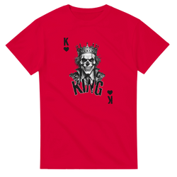 Red King Skull Poker graphic tee featuring a crowned skull playing card design for gothic streetwear.