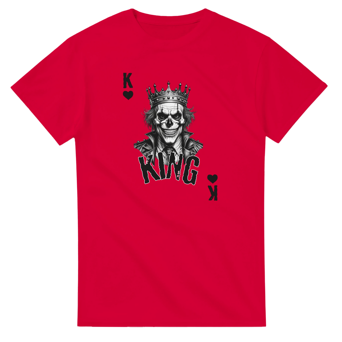Red King Skull Poker graphic tee featuring a crowned skull playing card design for gothic streetwear.