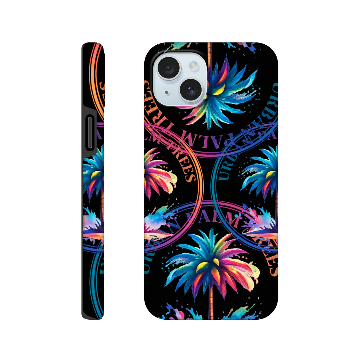 Vibrant tropical palm tree and colorful text wraparound design on a tough black iPhone case for streetwear style.