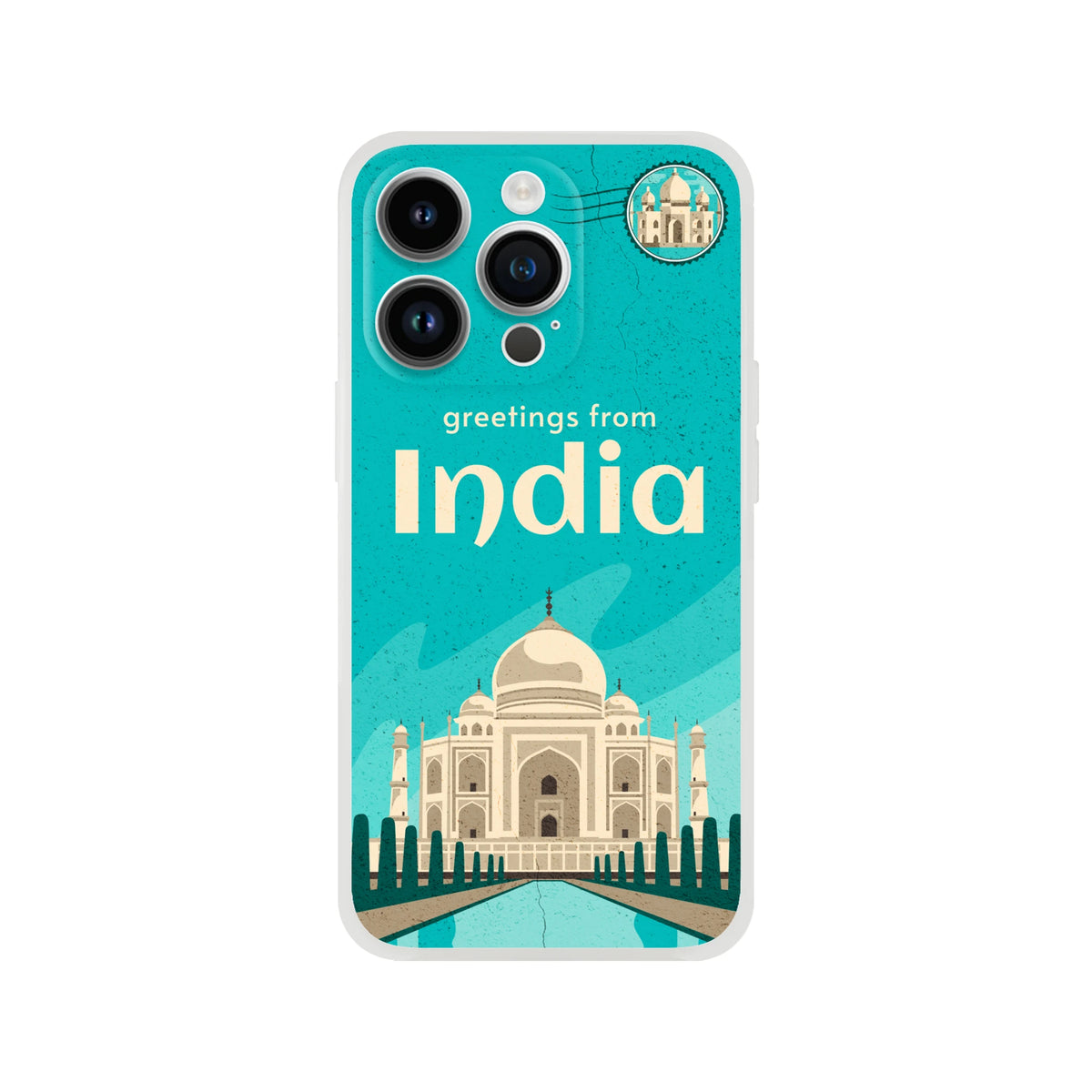 Vintage Postcard India Holiday iPhone Case for iPhone 13-16 featuring a greeting from India and Taj Mahal illustration.