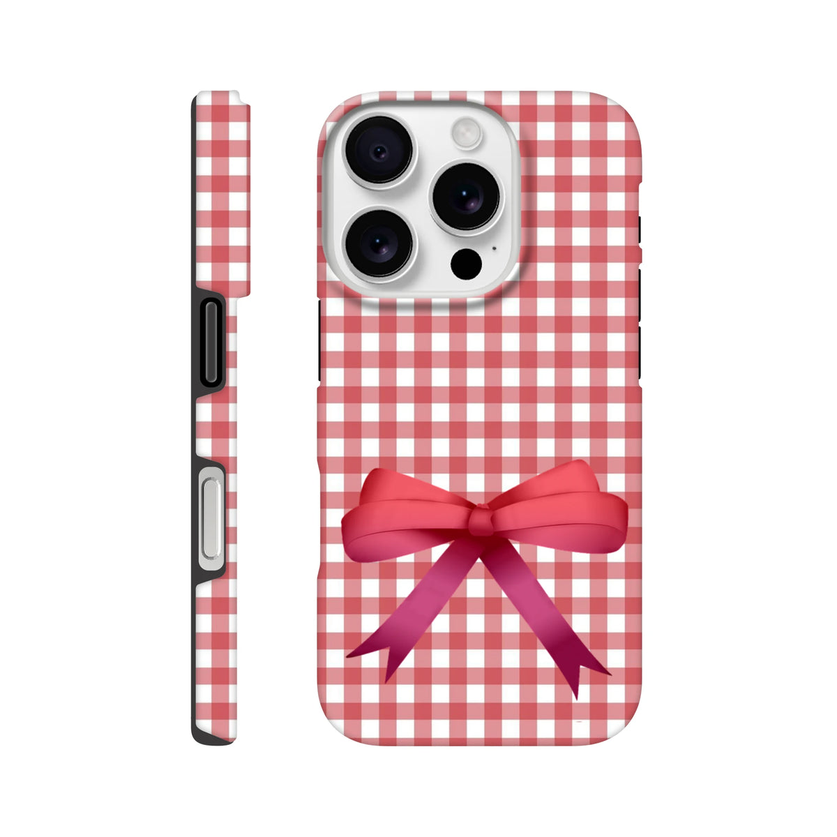 Red gingham iPhone case with a bold pink bow featuring a coquette aesthetic and tough protective design for iOS 13-16 devices.