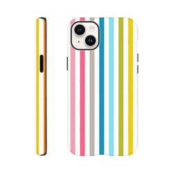 Retro rainbow multicolour stripe tough iPhone case featuring vibrant vertical pink, blue, green, and yellow bands on a white background.