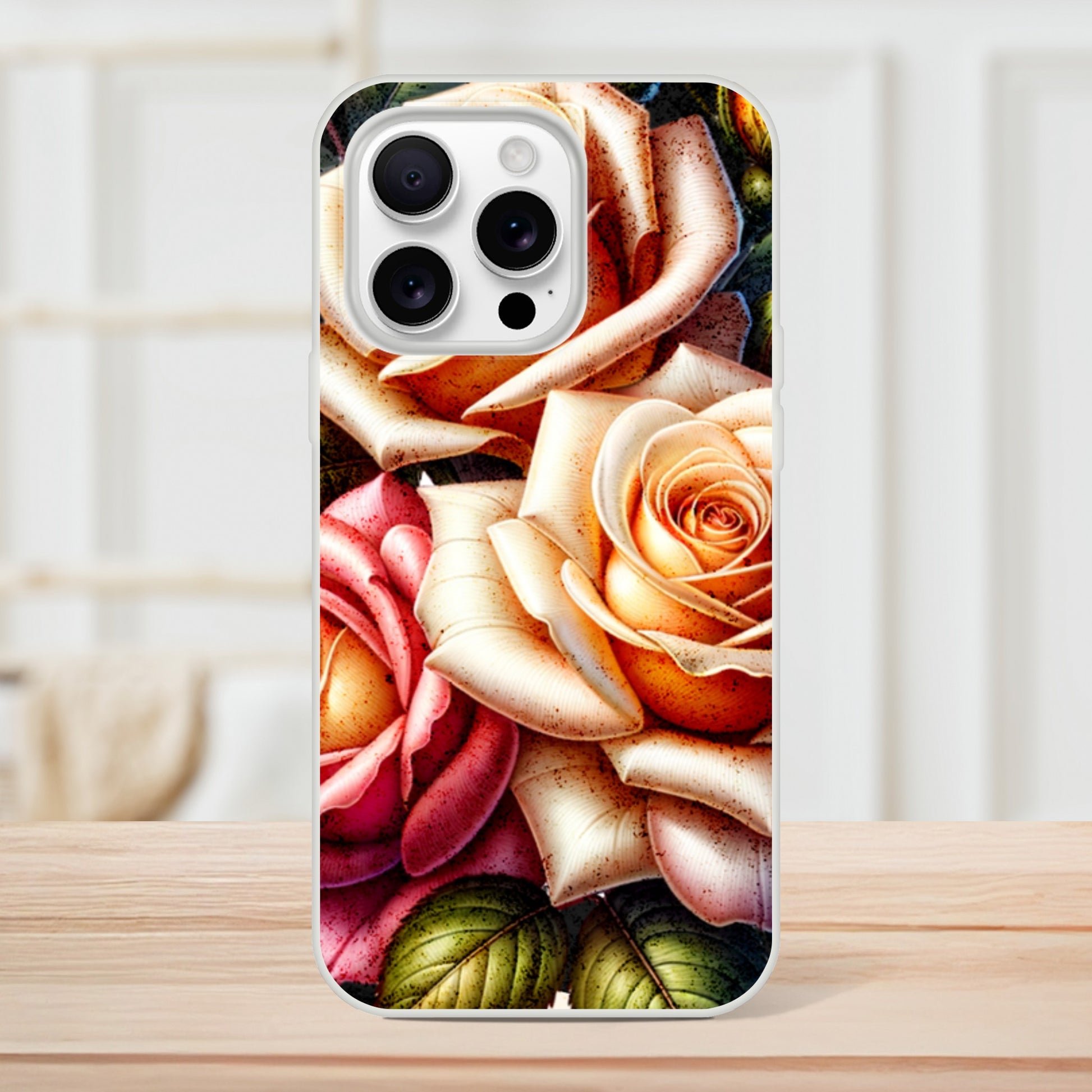 iPhone case with a floral design featuring roses on a wooden surface. 19