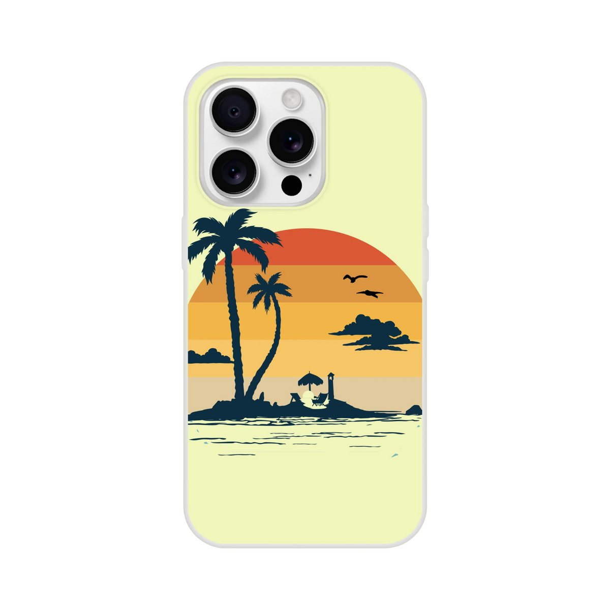 Retro Beach iPhone Case (13-16) with palm tree sunset design on a pale yellow background