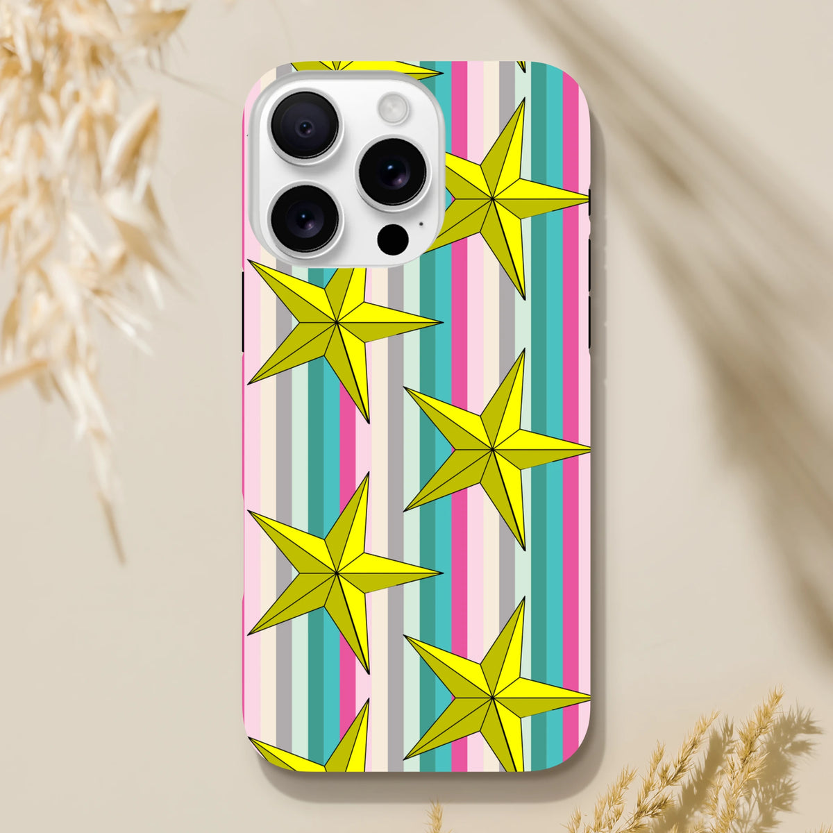 Retro star stripe tough iPhone case featuring yellow stars on colorful vertical stripes. Durable shock-absorbing phone cover for daily use.