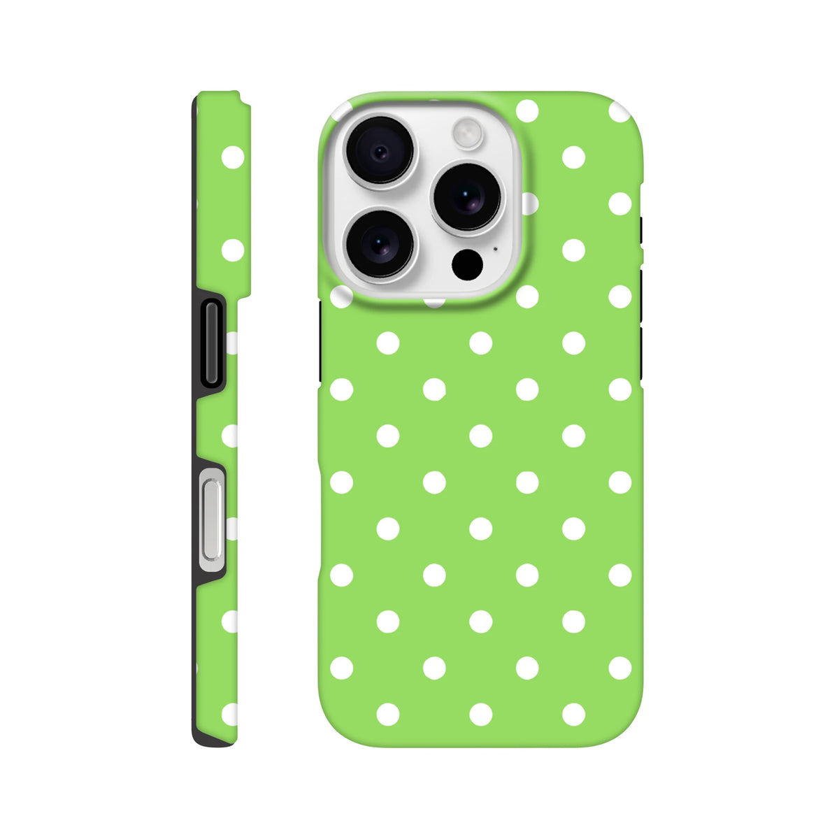 Green and white polka dot tough iPhone case featuring shock-absorbing protection and a cute dual-layer design for daily drop resistance.