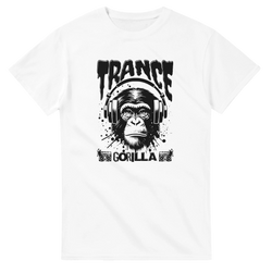 White men's t-shirt featuring a black graphic of a monkey wearing headphones with "Trance Gorilla" text for rave music fans.