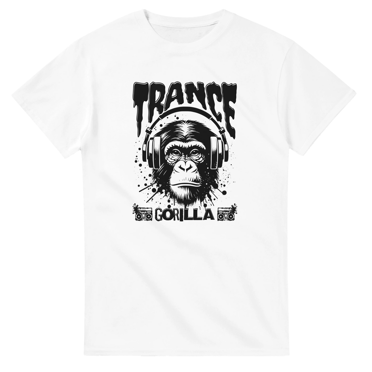 White men's t-shirt featuring a black graphic of a monkey wearing headphones with "Trance Gorilla" text for rave music fans.