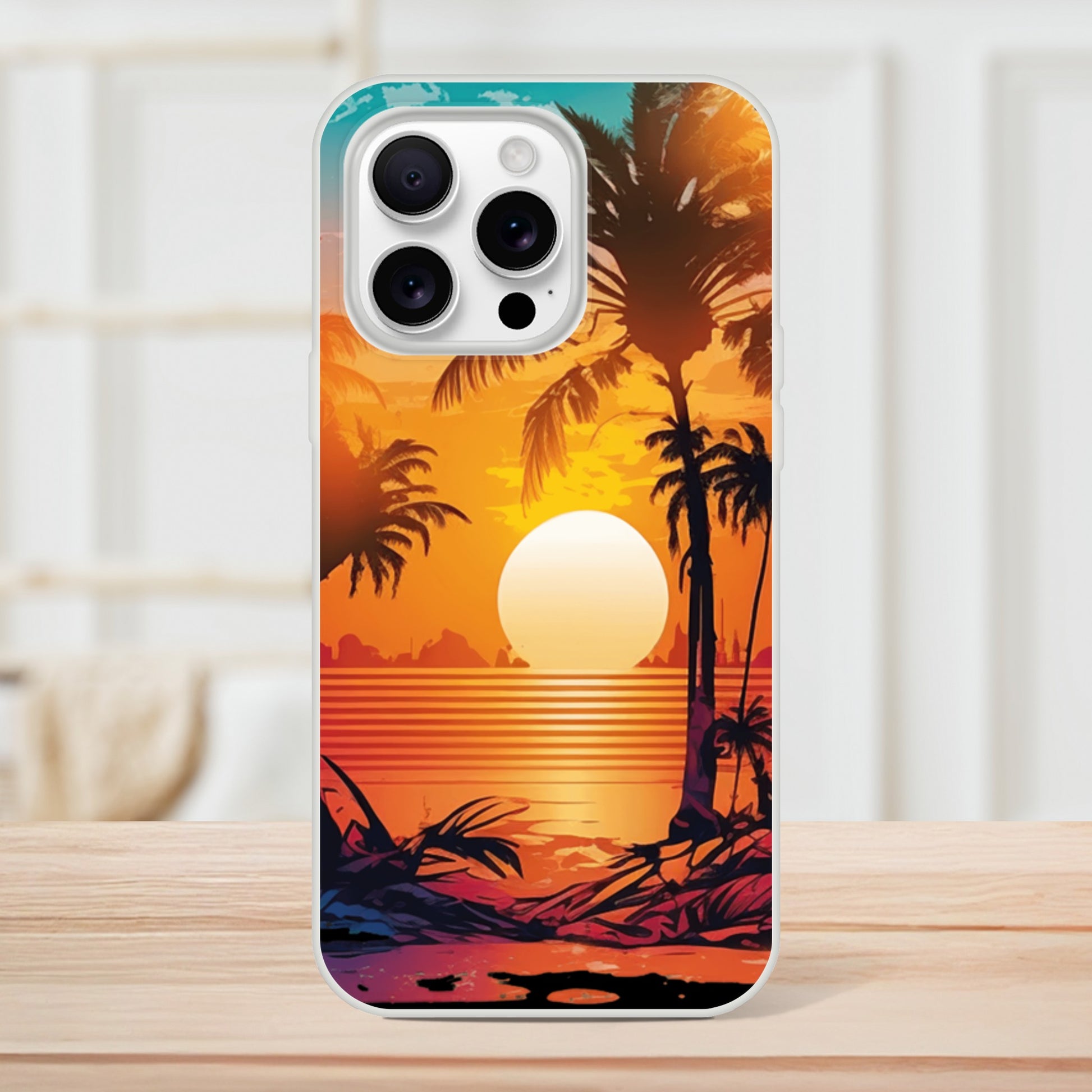 iPhone case with a sunset and palm tree design on a wooden surface 20