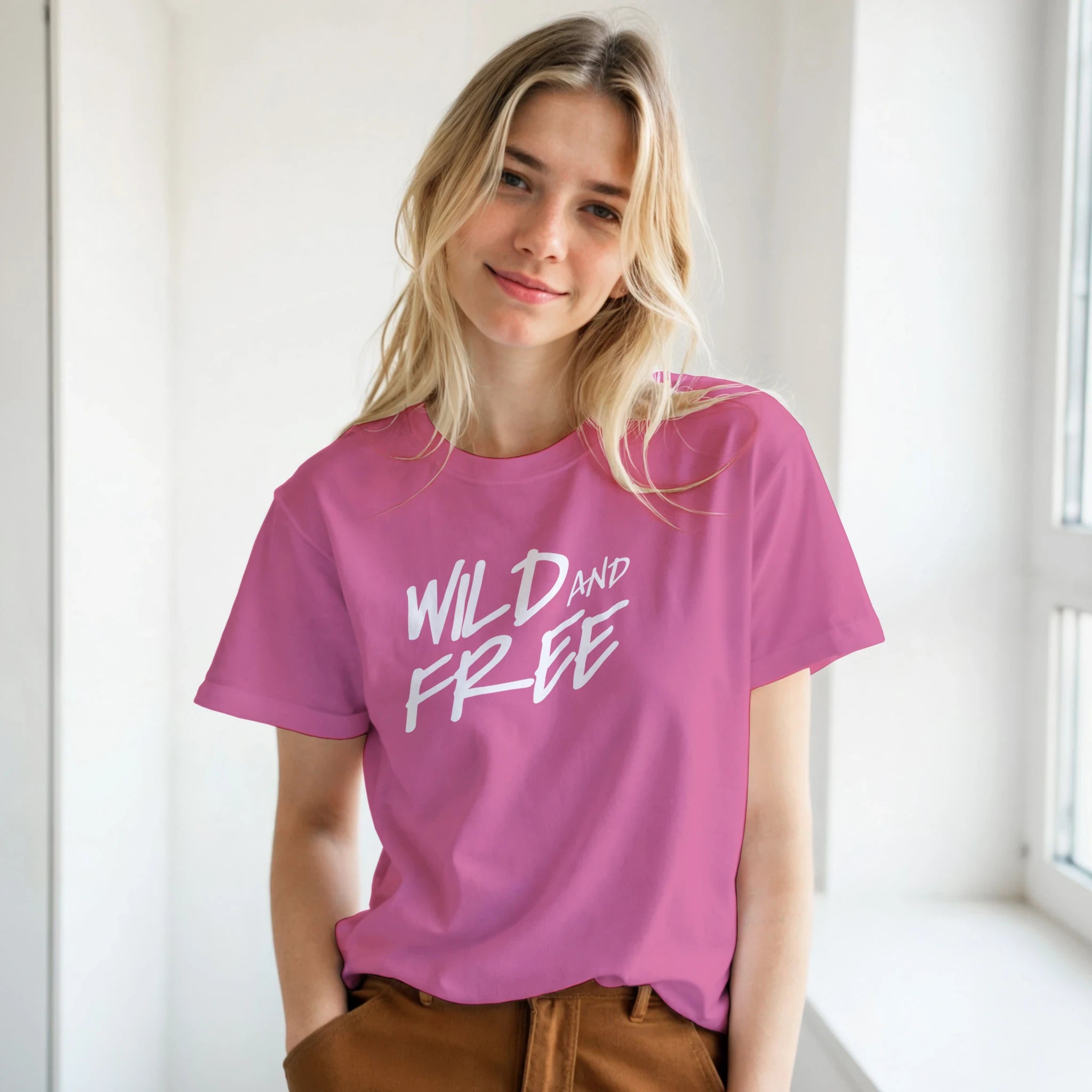 Woman wearing pink 'Wild and Free' slogan T-shirt, retro streetwear vibe by a bright window.
