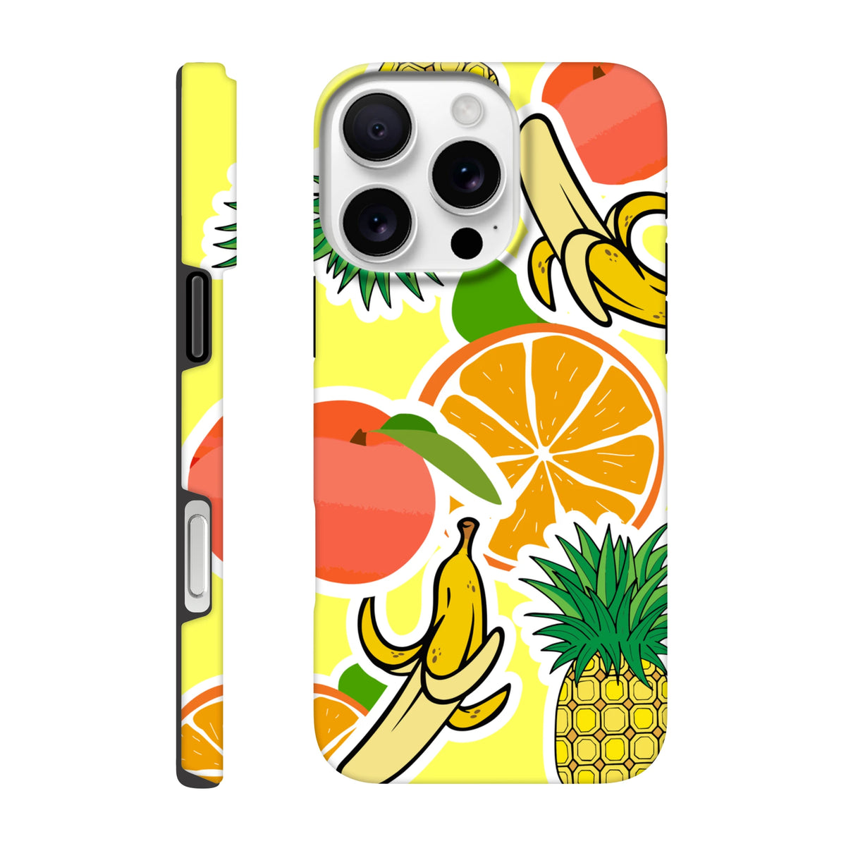 Yellow tough iPhone case with bold tropical sticker design featuring banana, orange, and pineapple graphics.