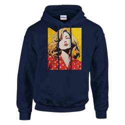 Navy pullover hoodie featuring a vintage pop art woman graphic with blonde hair, red polka dot shirt, and yellow background.