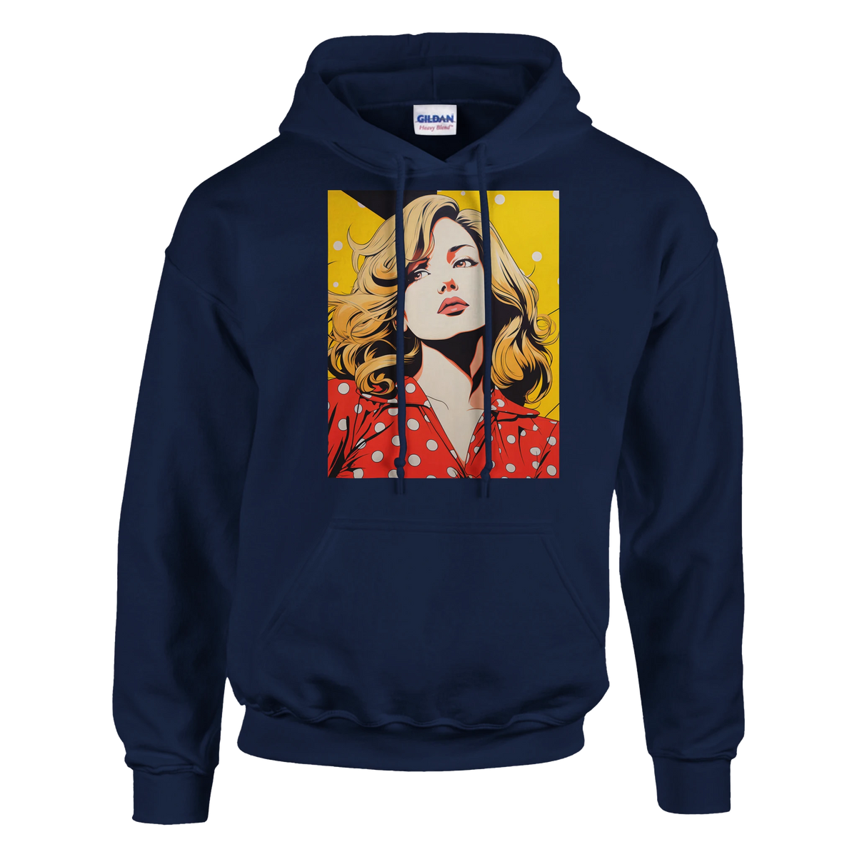 Navy pullover hoodie featuring a vintage pop art woman graphic with blonde hair, red polka dot shirt, and yellow background.