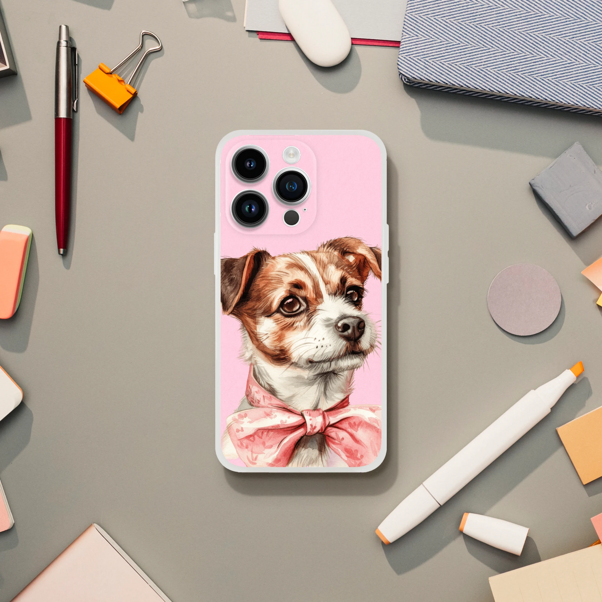 Pink dog portrait iPhone case for iPhone 13-16, retro aesthetic, slim matte finish, lightweight, shock-absorbing TPU.