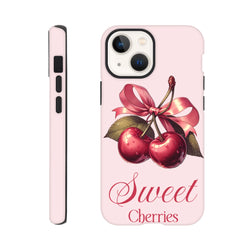Pink iPhone case featuring vintage red cherries tied with a ribbon bow and "Sweet Cherries" text in cursive script.