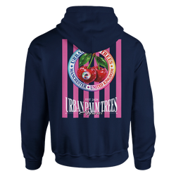Navy hoodie back print featuring retro red cherries on pink stripes with Urban Palm Trees logo and Manchester text.