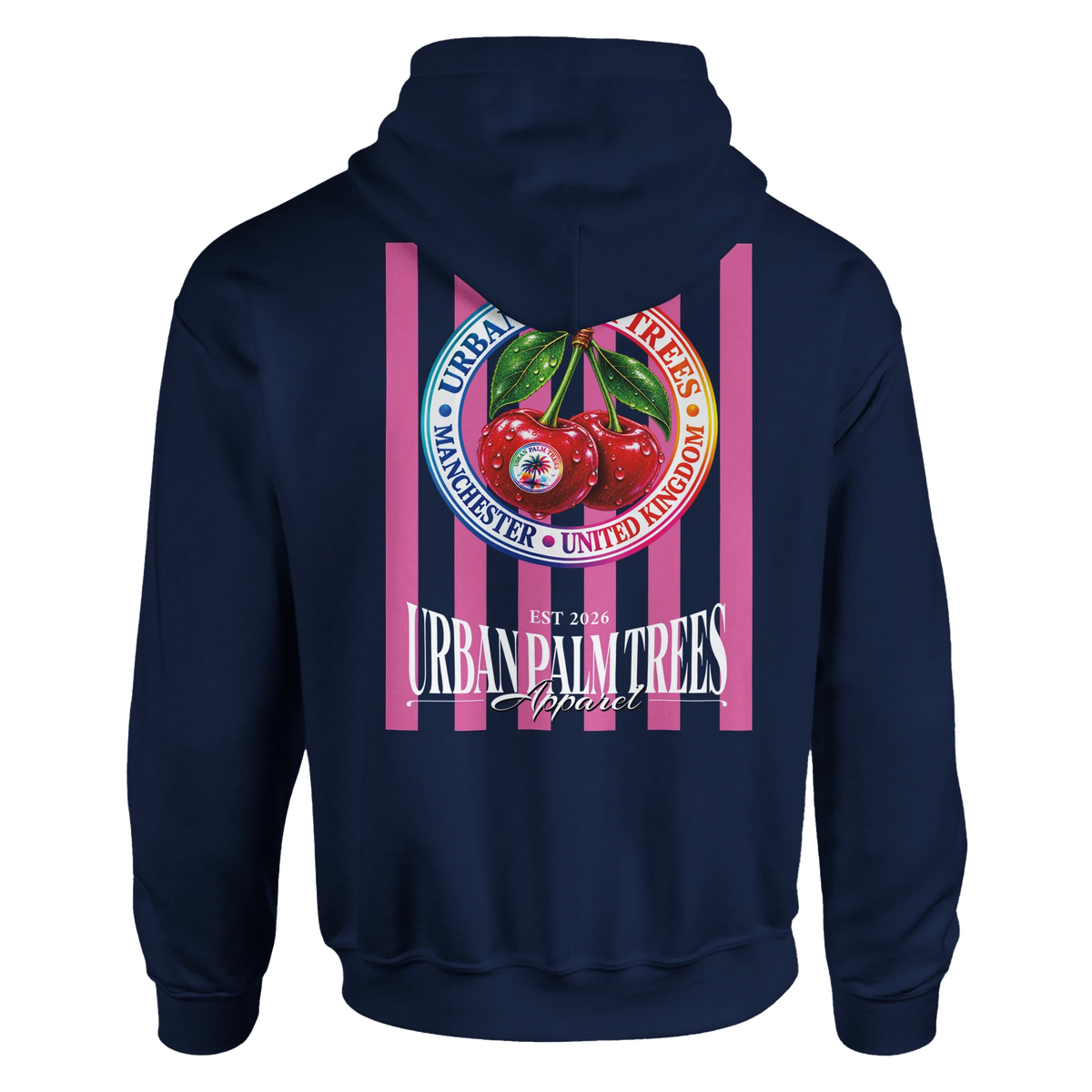 Navy hoodie back print featuring retro red cherries on pink stripes with Urban Palm Trees logo and Manchester text.