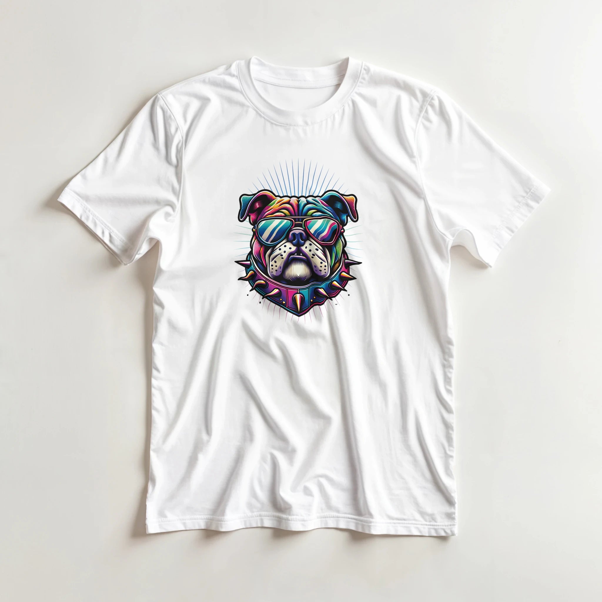 White tee with a vibrant bulldog graphic wearing sunglasses and a spiked collar.