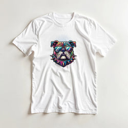 White tee with a vibrant bulldog graphic wearing sunglasses and a spiked collar.