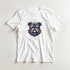 White tee with a vibrant bulldog graphic wearing sunglasses and a spiked collar.