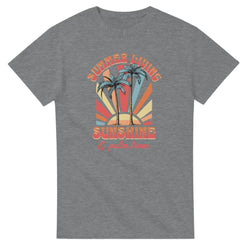 Grey women's cotton-blend tee featuring palm trees and a retro sunburst with Summer Living and Sunshine & palm trees.