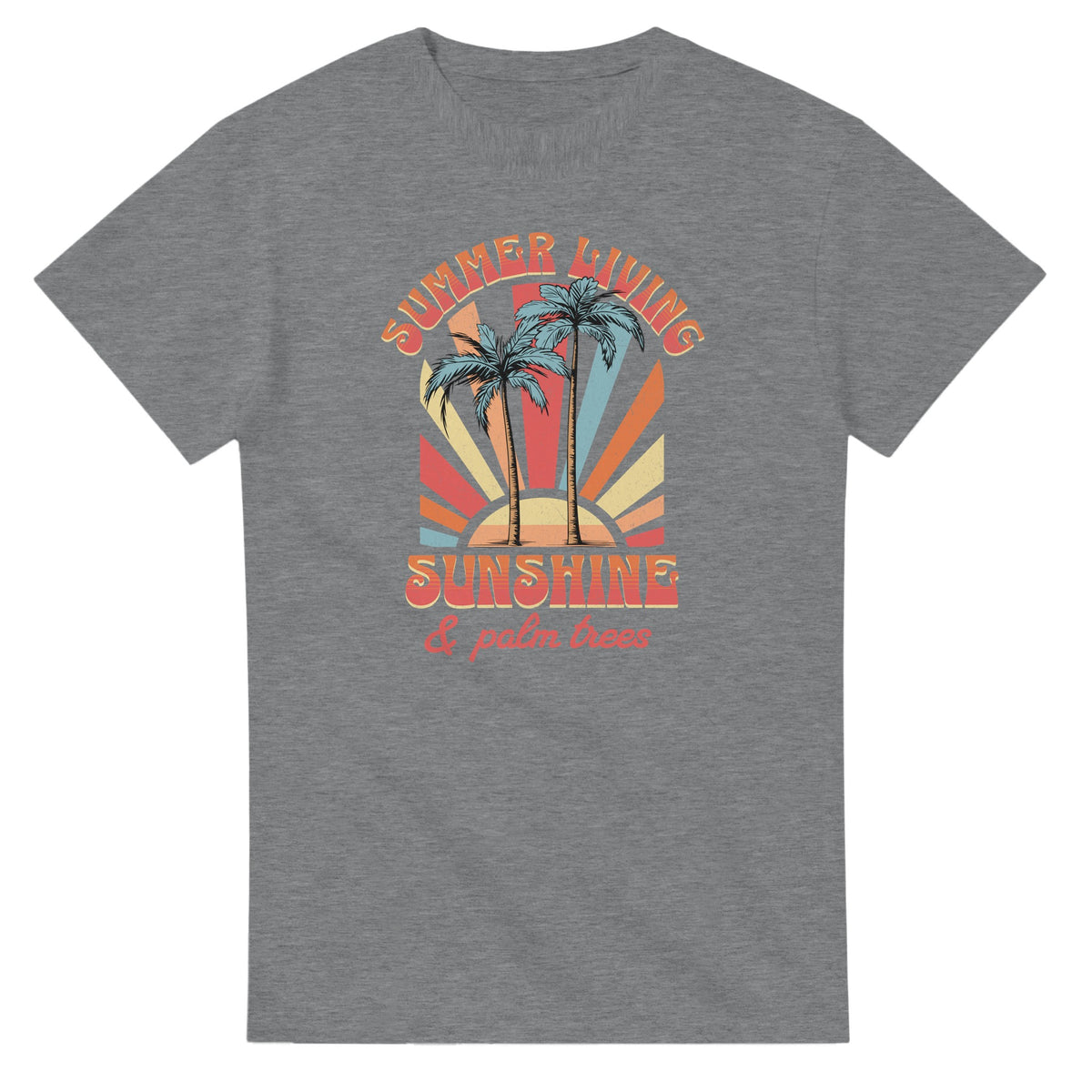 Grey women's cotton-blend tee featuring palm trees and a retro sunburst with Summer Living and Sunshine & palm trees.