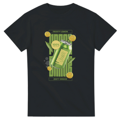 Retro black t-shirt featuring a frosty green lemon soda can graphic with sliced lemon slices and "Zesty Breeze" typography.

*(Character count: 86)*