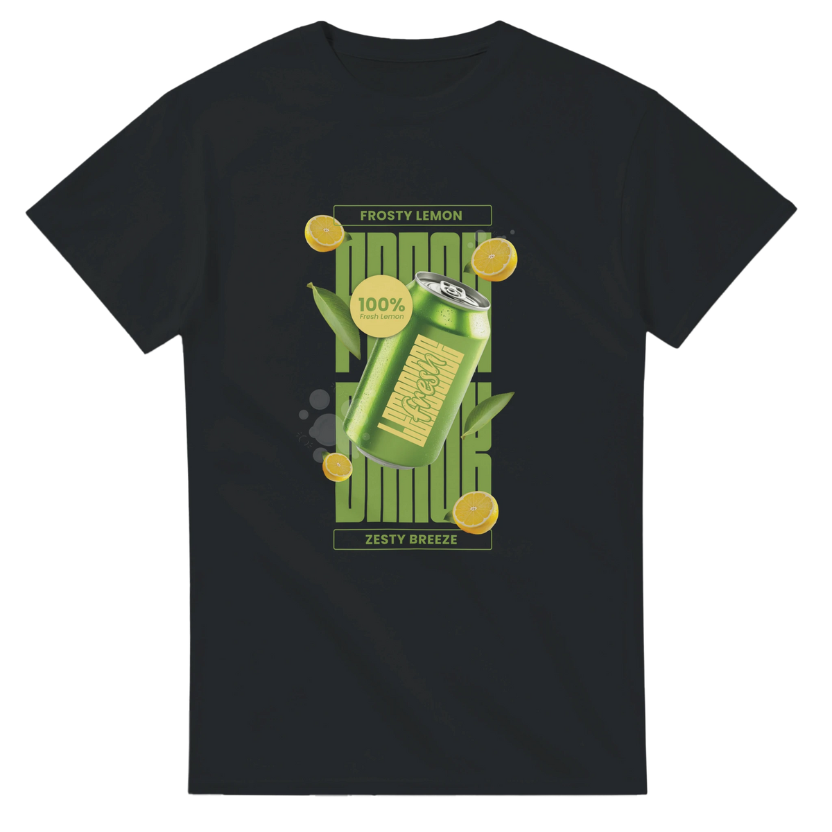 Retro black t-shirt featuring a frosty green lemon soda can graphic with sliced lemon slices and "Zesty Breeze" typography.

*(Character count: 86)*