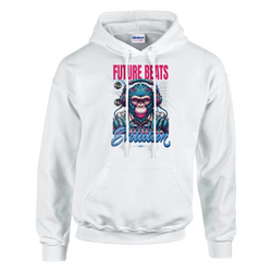 Monkey DJ graphic hoodie with a colorful monkey wearing headphones and Future Beats Evolution text on a white hoodie.