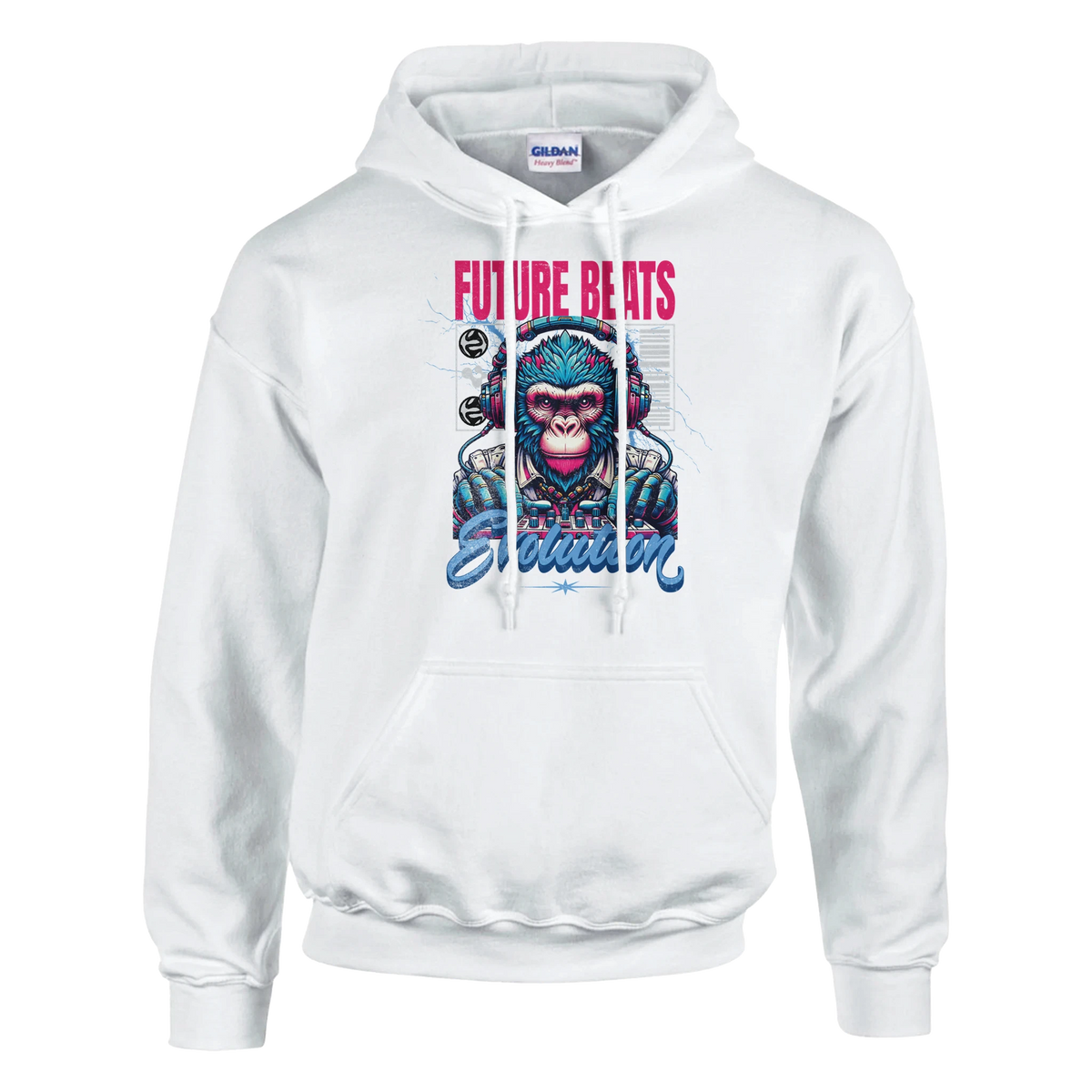 Monkey DJ graphic hoodie with a colorful monkey wearing headphones and Future Beats Evolution text on a white hoodie.