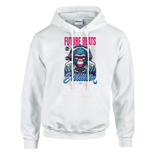 White men's graphic hoodie with a colorful monkey graphic and 'Future Beats' text on a white background