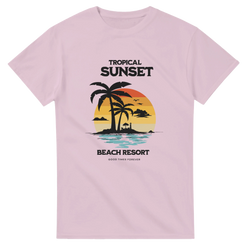Pink retro tropical sunset graphic tee featuring palm tree silhouettes and "Beach Resort" text for vintage coastal style.