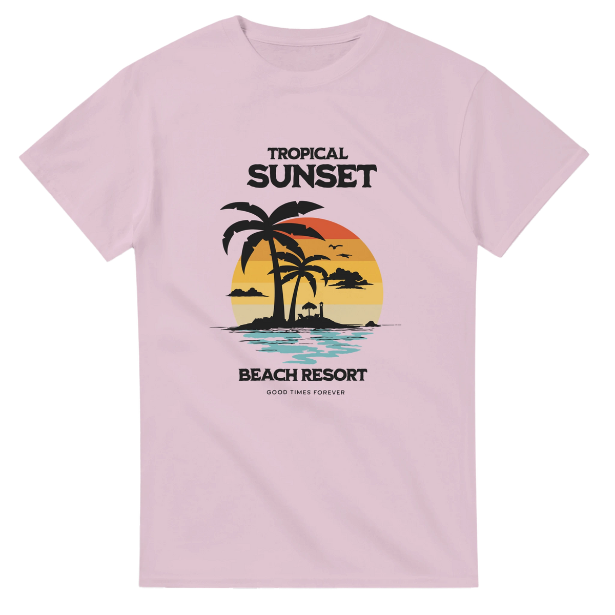 Pink retro tropical sunset graphic tee featuring palm tree silhouettes and "Beach Resort" text for vintage coastal style.