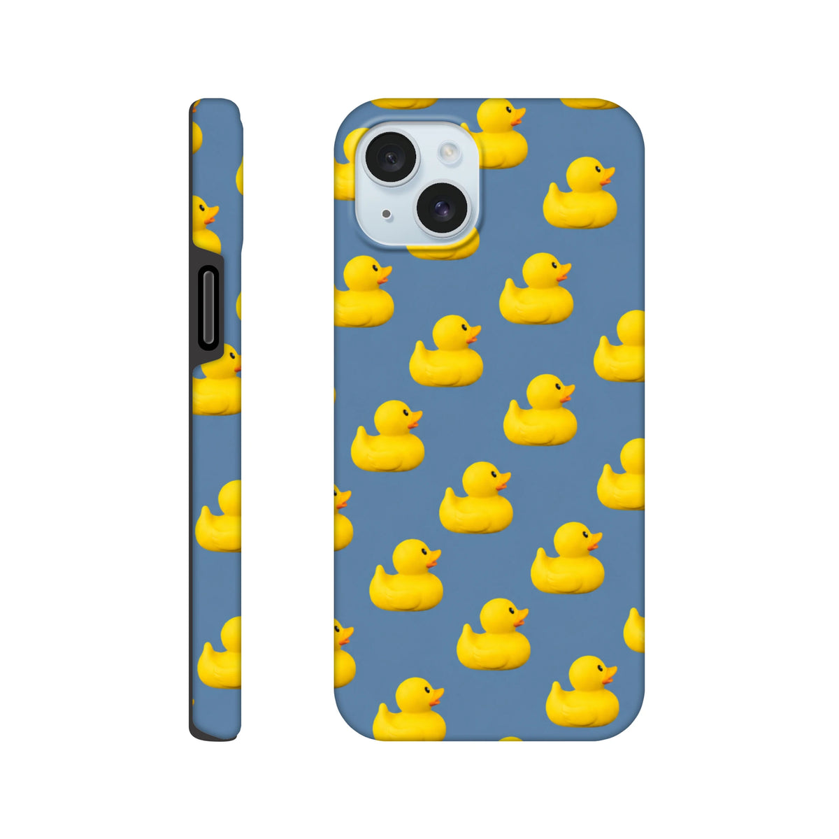 Blue phone case featuring a repeating pattern of cute yellow rubber ducks for a tough, kawaii iPhone cover.