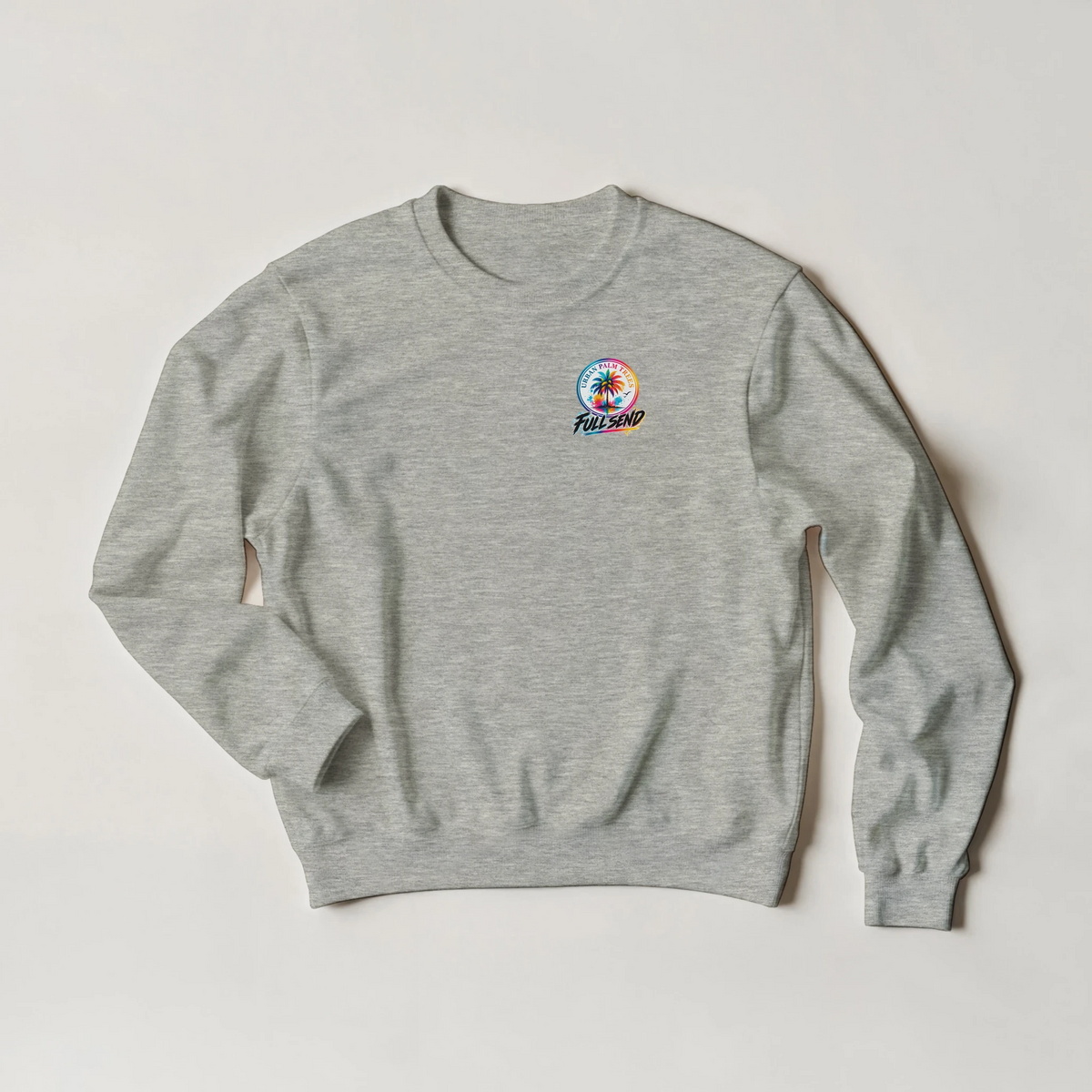 Light grey sweatshirt featuring a colorful "Full Send" palm tree graphic, representing modified car culture and petrolhead lifestyle fashion.