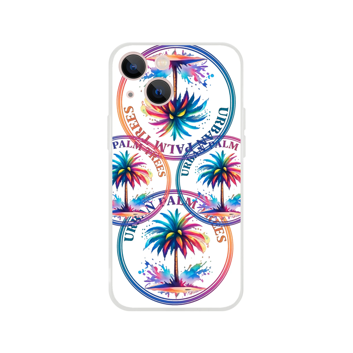 Urban Palm Trees iPhone case for iPhone 13-16 with retro palm design, slim matte finish, shock-absorbing TPU.